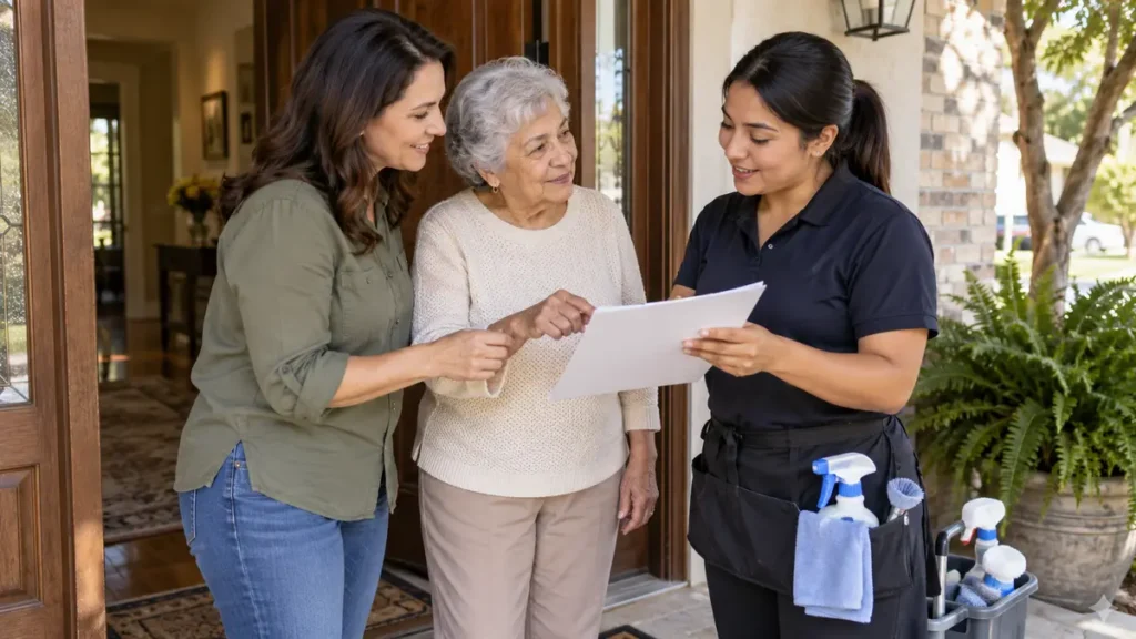 Family coordinating a senior cleaning service in Houston