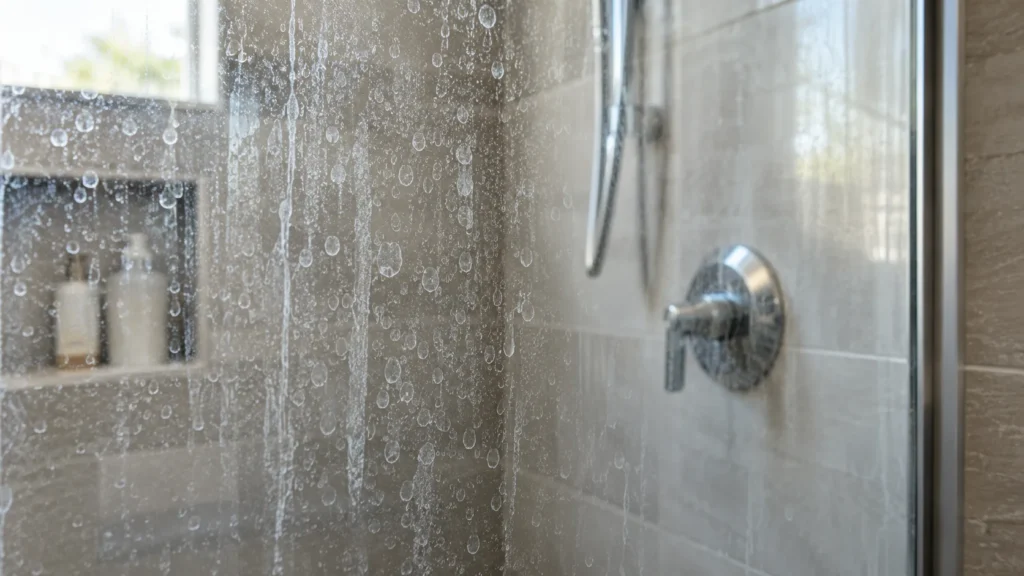 Hard water stains on a glass shower door