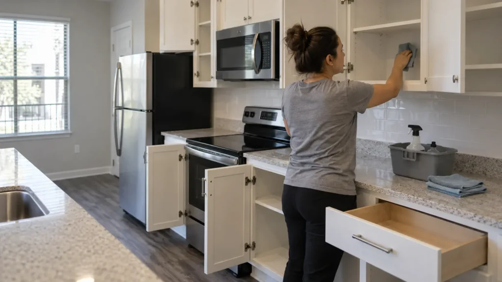Cleaning a kitchen before moving out