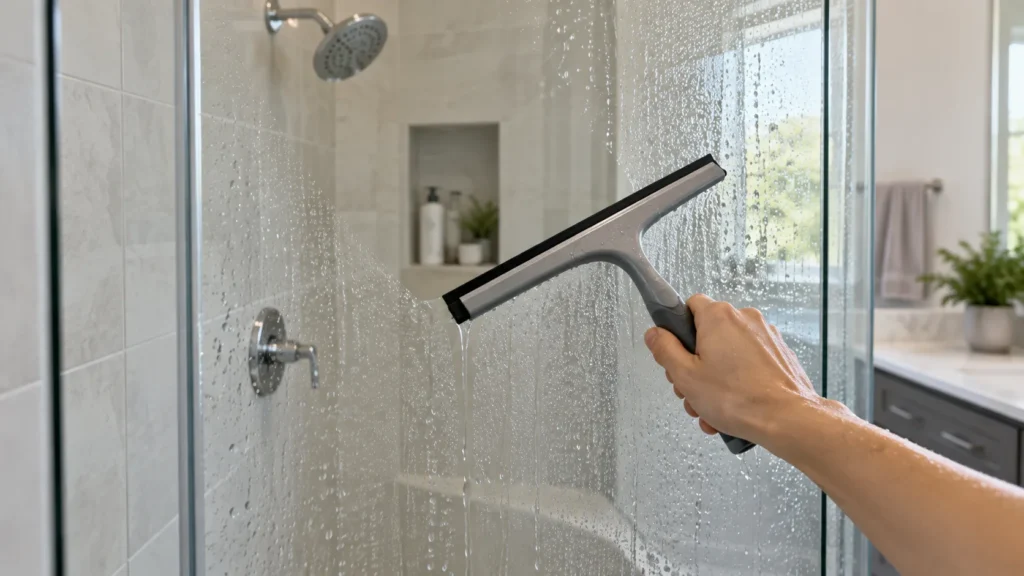Preventing hard water stains with a shower squeegee